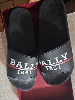 Bally Black Slide Sandals with White Logo and Red Stripe